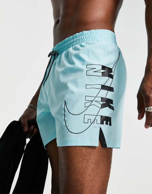 Nike Swimming Explore 5 inch large side logo swim shorts in light blue