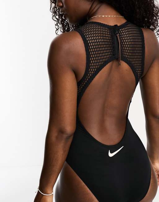 Nike Swimming Explore Wild Badeanzug in Schwarz mit Schlussellochausschnitt am Rucken und Netzstoffeinsatz ASOS