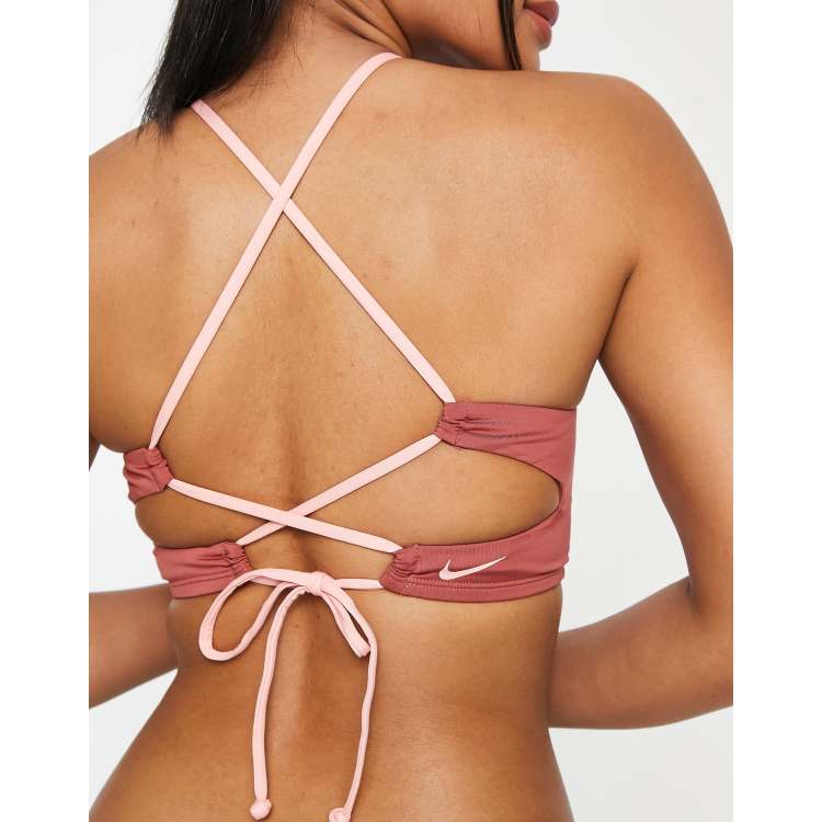 Nike Swimming high neck bikini top in pink