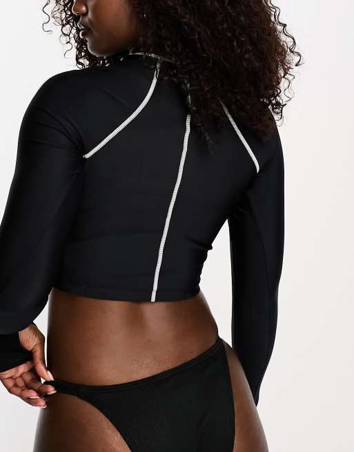 Nike Swimming hydroguard long sleeve crop bikini top in black