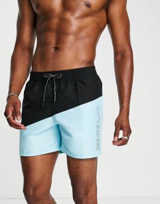 Nike Swimming Icon 5 inch diagonal colour block swim shorts in black and blue  - ASOS Price Checker