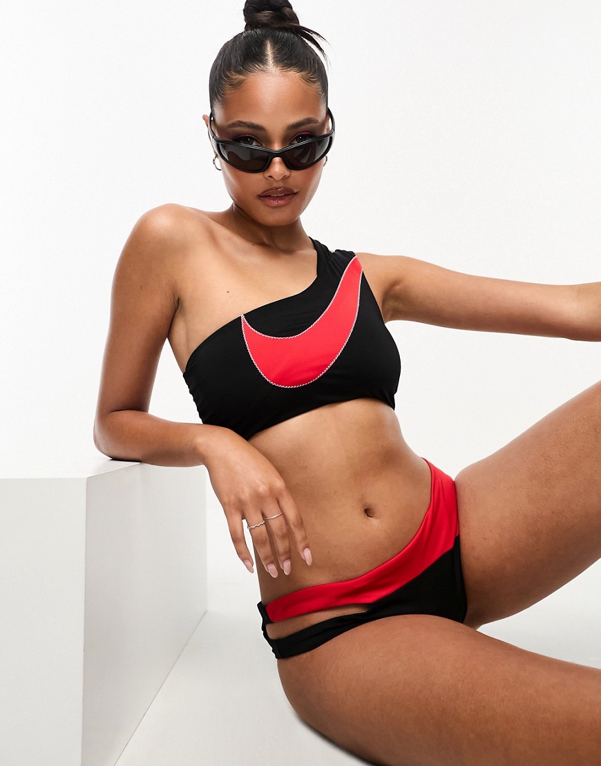 Icon Sneakerkini asymmetrical bikini top in black and red