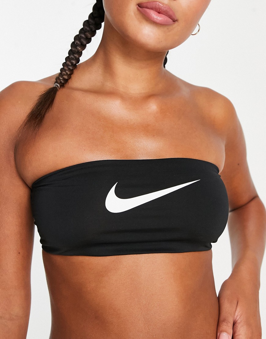 Nike Swimming logo bandeau bikini top with neon branded taping in black