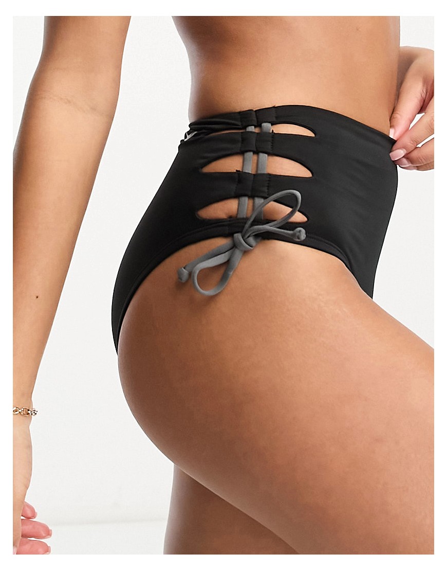 Nike Swimming solid lace-up high waist cheeky bikini bottom in black