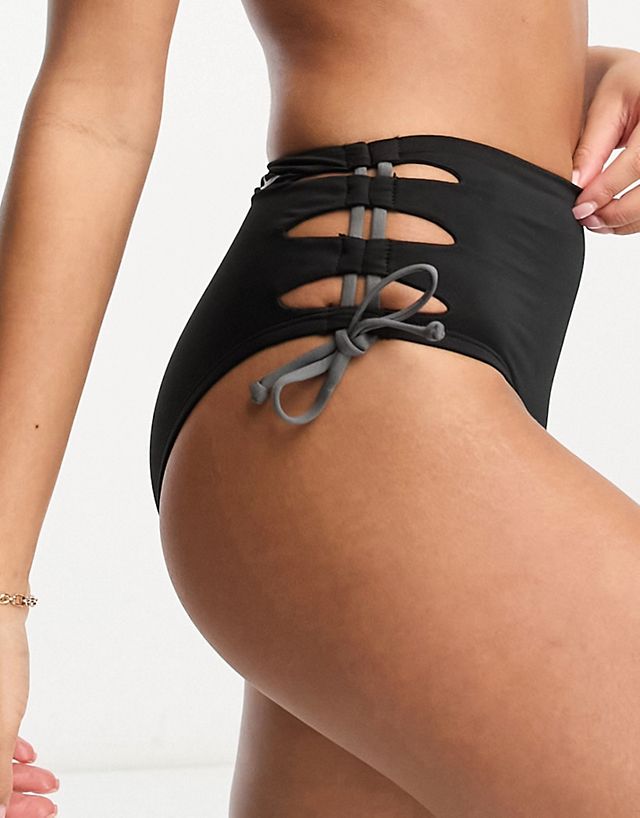 Nike Swimming solid lace-up high waist cheeky bikini bottoms in black