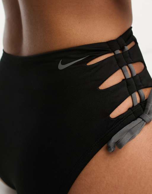 Nike Swimming solid lace-up high waist cheeky bikini bottoms in black