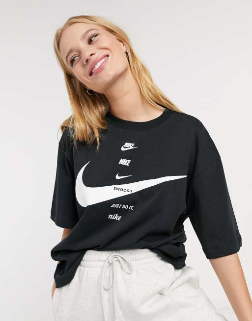 Nike swoosh boyfriend multi logo tshirt in black ASOS