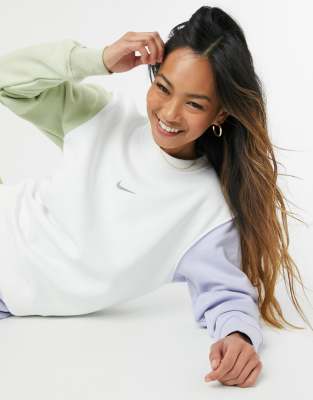 Nike Swoosh colour block sweatshirt in blue and green neutrals