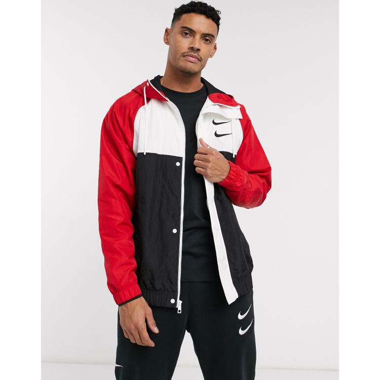 Nike Swoosh colourblock zip through woven hooded jacket in black