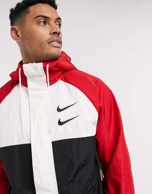 Nike Swoosh Colourblock Zip-through Woven Hooded Jacket In Black/red ...