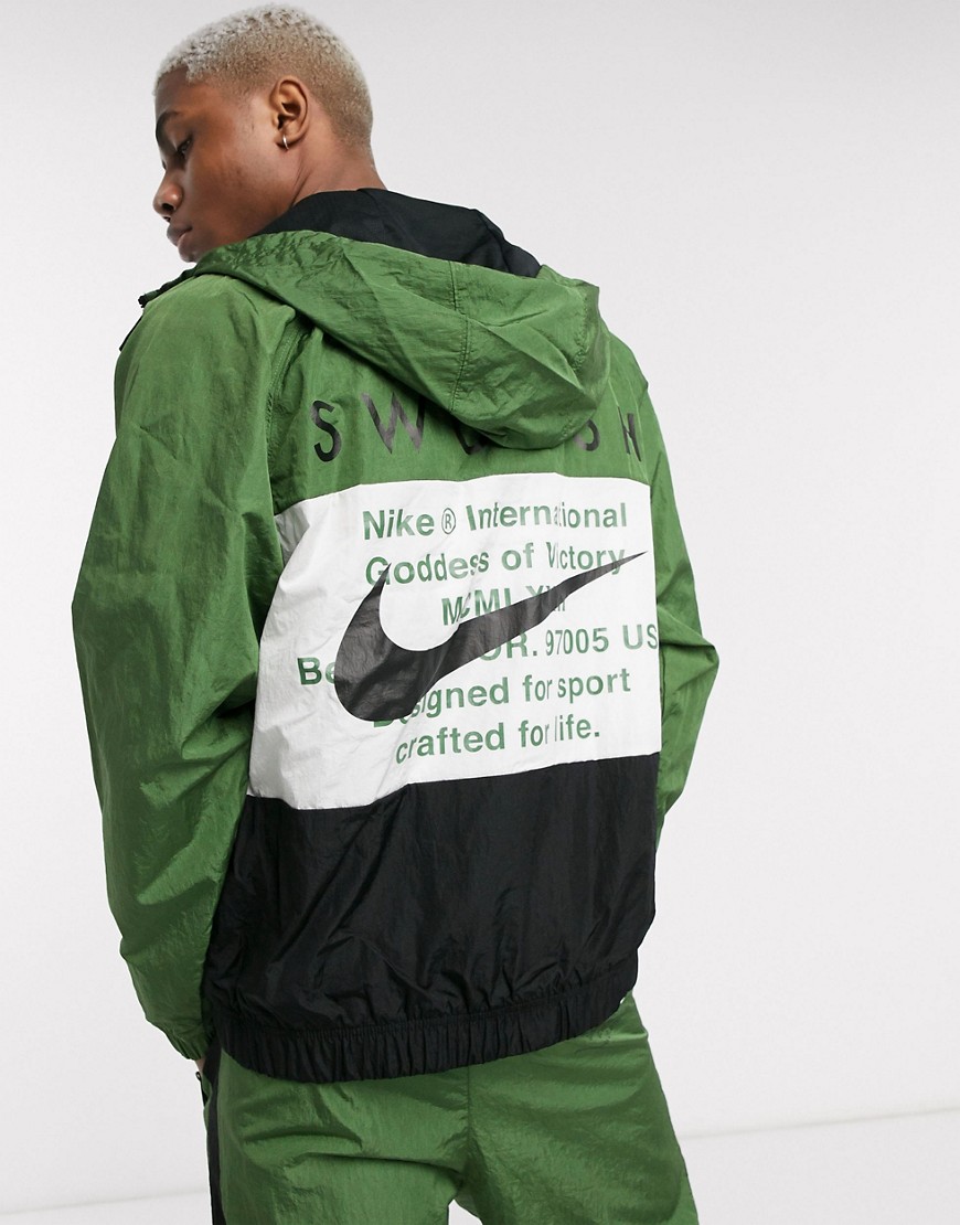 Nike Swoosh colourblock zip-through woven hooded jacket in black