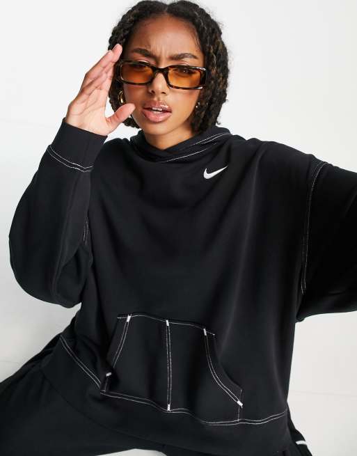 Nike Swoosh contrast stitch fleece hoodie in black ASOS