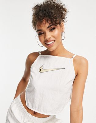 Nike Swoosh cropped ruched backstrap cami top in off white