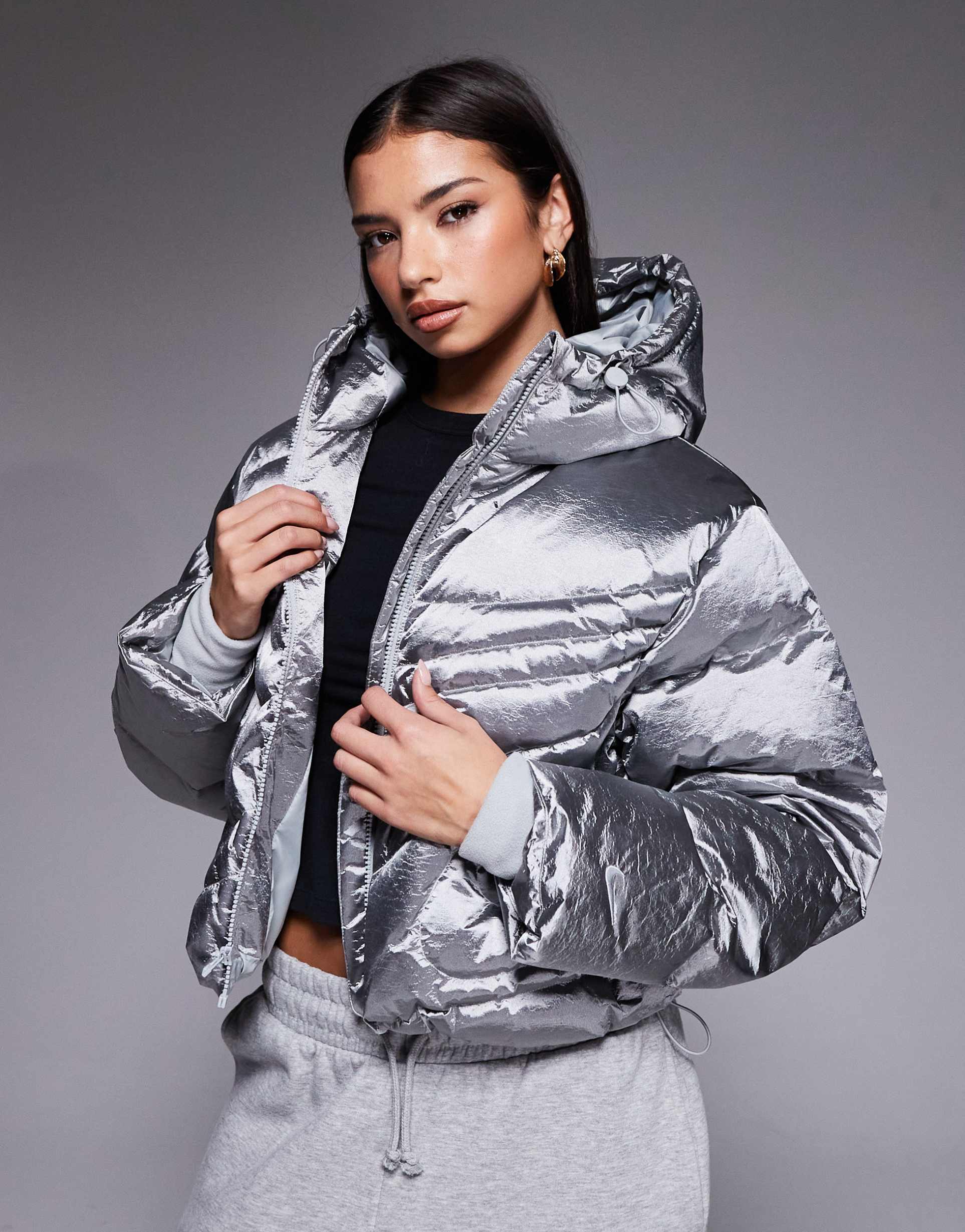 nike swoosh down puffer in silver
