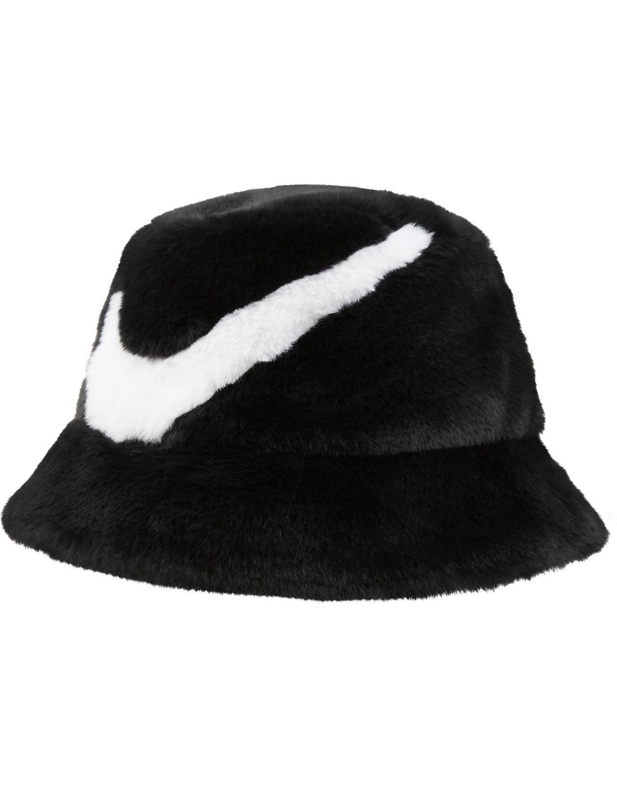 Nike Swoosh Faux Fur Bucket Hat In Black