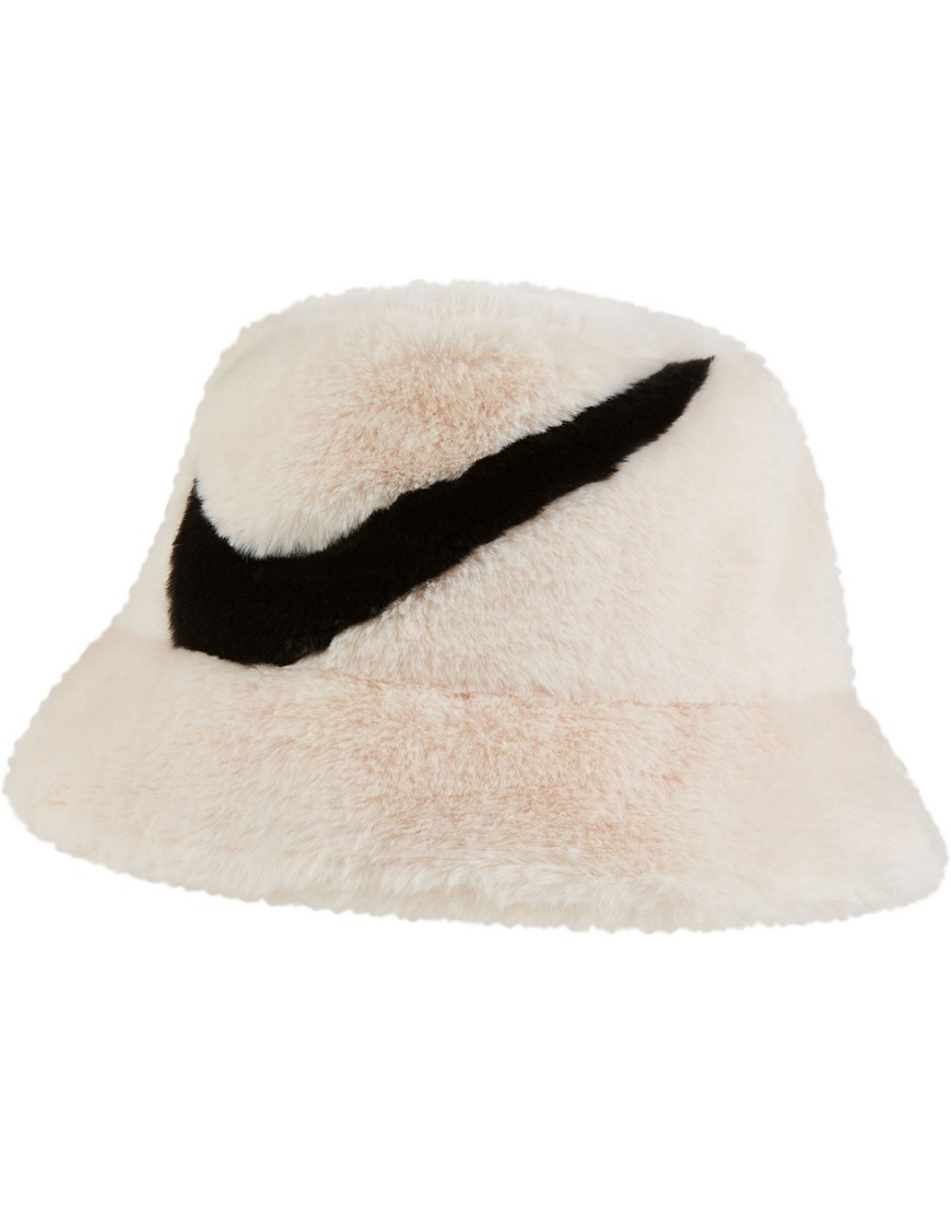 Nike Swoosh Faux Fur Bucket Hat In Off-white