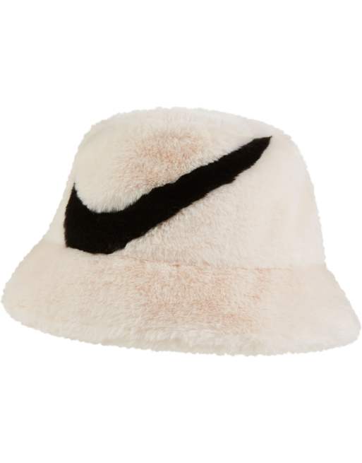 Nike Swoosh faux fur bucket hat in off-white | ASOS