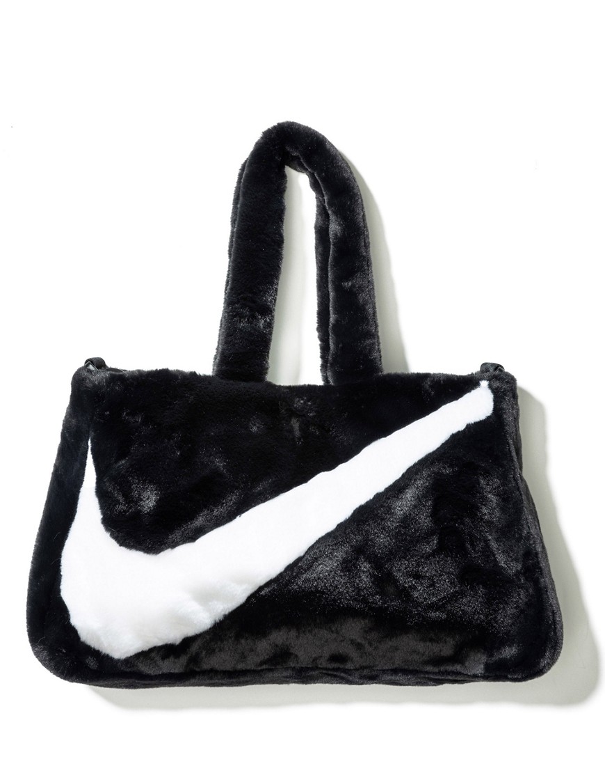 Swoosh faux fur tote bag in black