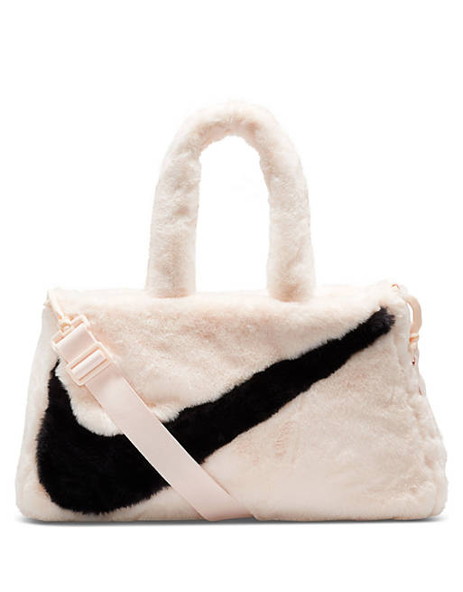 Nike Swoosh faux fur tote bag in off white | ASOS