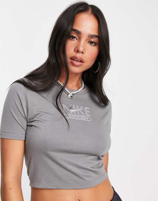 Nike Swoosh graphic slim crop t-shirt in pewter grey | ASOS