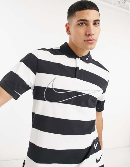 Nike Swoosh knitted polo in black and white stripe ASOS