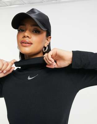 Nike Swoosh Long Sleeve T-shirt In Black With Mock Roll Neck In Black