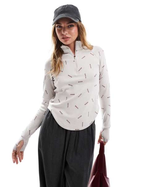 Nike Swoosh longsleeve half zip top in beige - view 1