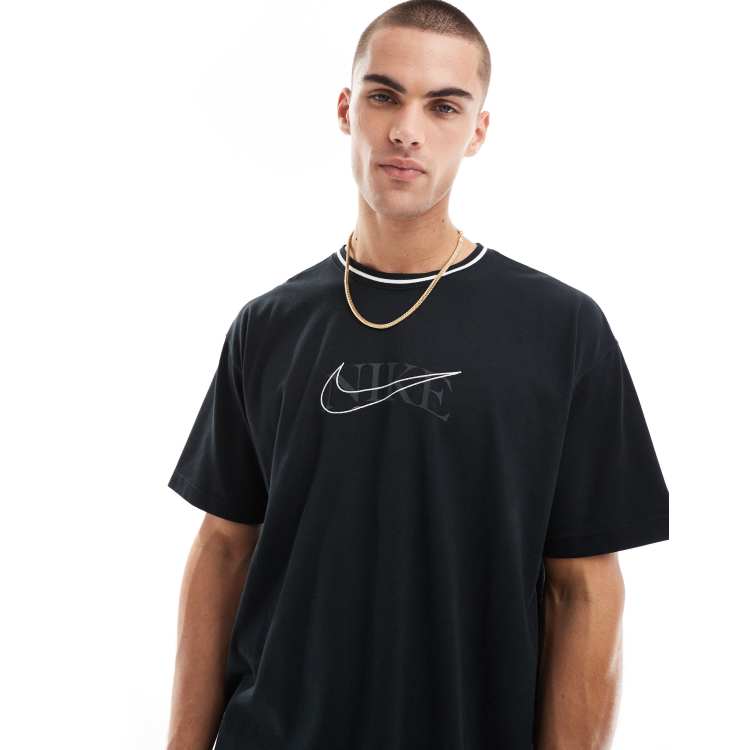 NIKE /SWOOSH LOGO OVER SIZE FIT LONGTシャツ Nike Swoosh overlay logo T-shirt in black | ASOS
