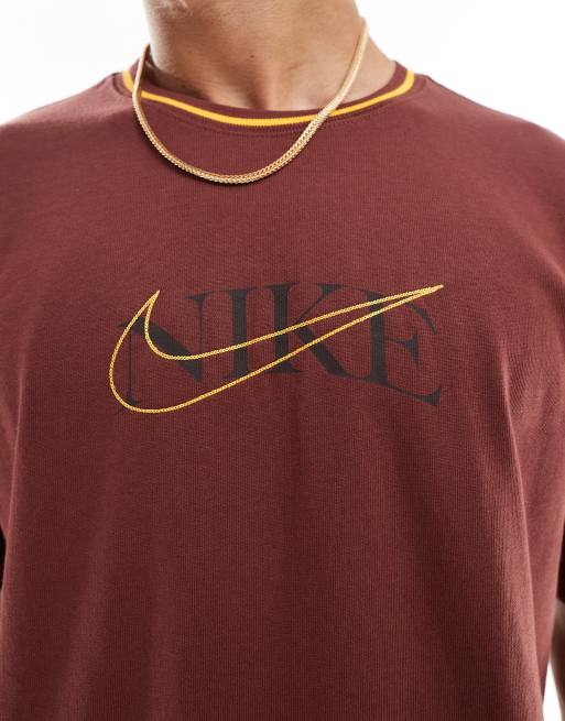 Nike Swoosh overlay logo T-shirt in burgundy | ASOS