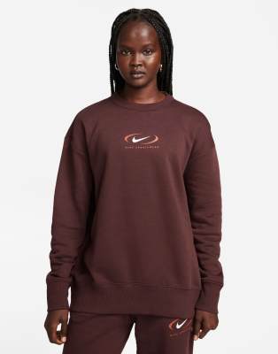 Shop Nike Swoosh Oversized Fleece Sweatshirt In Earth Brown