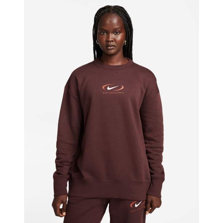 Nike Swoosh oversized fleece sweatshirt in earth brown