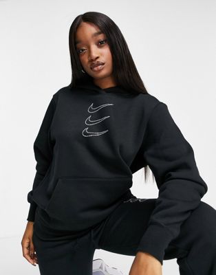Nike Swoosh rhinestone applique washed hoodie in black | ASOS