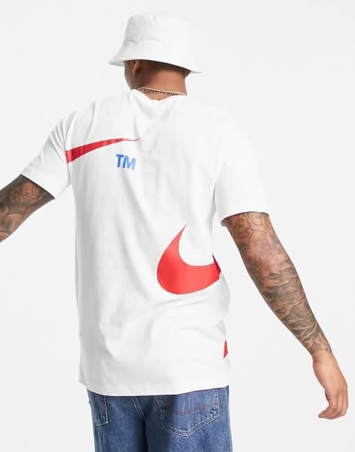 White nike shirt hot sale with red logo