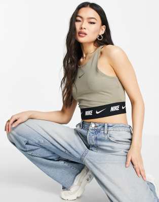 Nike swoosh tape crop top in matte olive Green