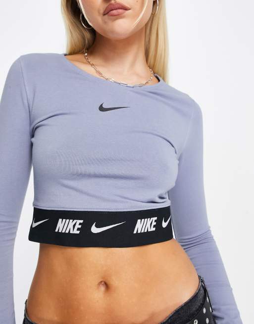 Nike swoosh tape long sleeved crop top in ashen slate