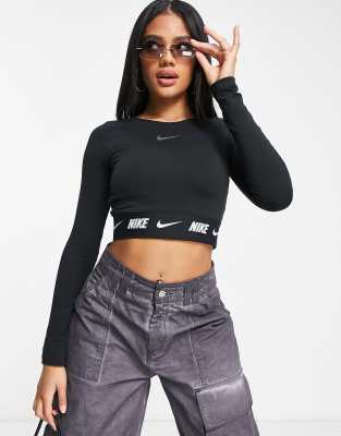 Nike Nike swoosh tape long sleeved crop top in black
