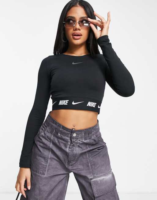 Nike swoosh tape long sleeved crop top in black