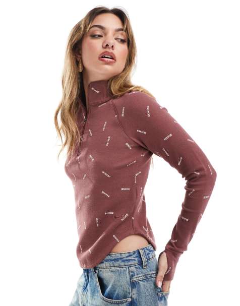 Nike - Swoosh - Top a maniche lunghe bordeaux con zip corta e logo - view 1