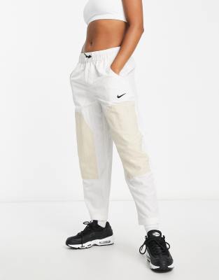 Nike Swoosh Woven High Waist Paneled Pants In Cream-white In White