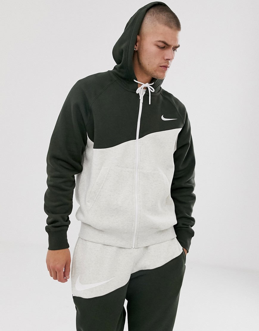 Nike Swoosh zip-through hoodie in khaki/grey-Green