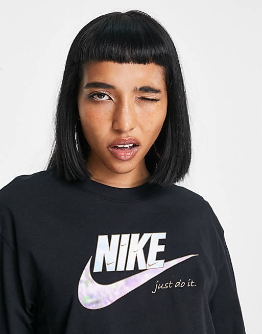 Nike - T-shirt à manches longues avec logo graphique scintillant - Noir