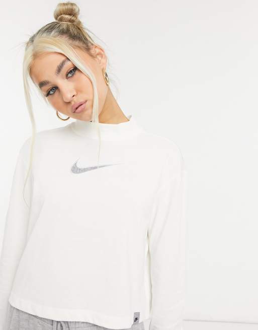 Nike - T-shirt corta a collo alto con maniche lunghe, colore bianco