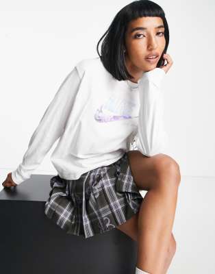 Nike - T-shirt manches longues avec logo graphique pailleté - Blanc