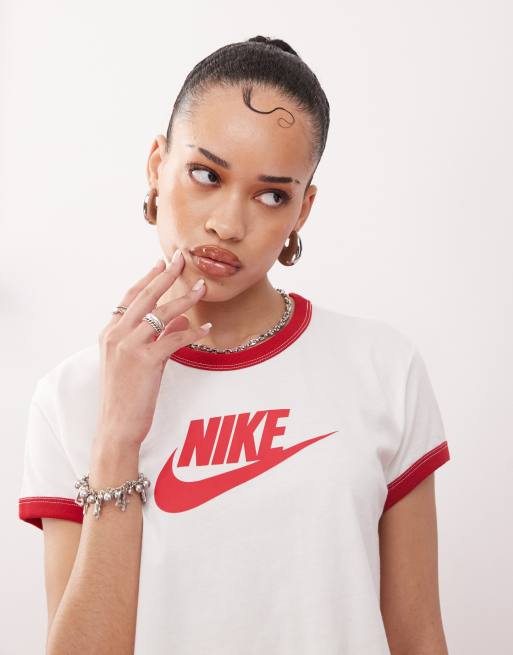 Nike - T-shirt raccourci vintage à bordures contrastantes - Blanc cassé et rouge