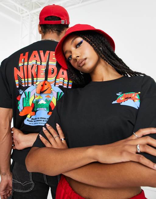 Nike - T-shirt unisex nera con stampa a colori vivaci sul retro, 3 di 4