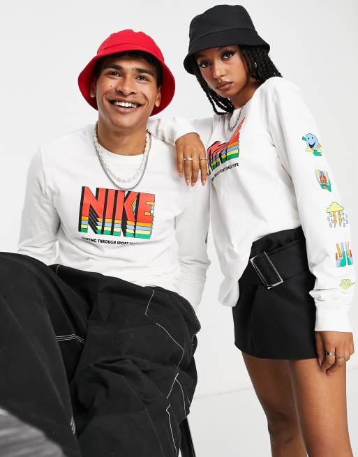 Nike - T-shirt unisexe à imprimé coloré devant et à manches longues - Blanc