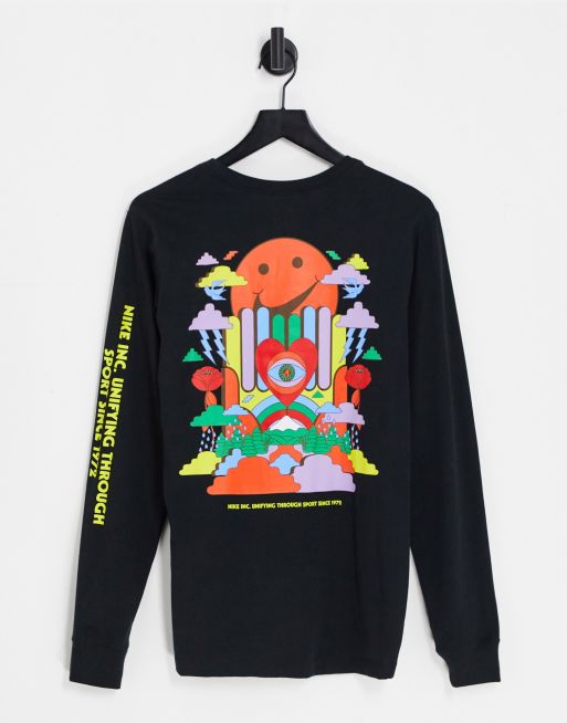 Nike - T-shirt unisexe à manches longues avec imprimé graphique coloré au dos - Noir