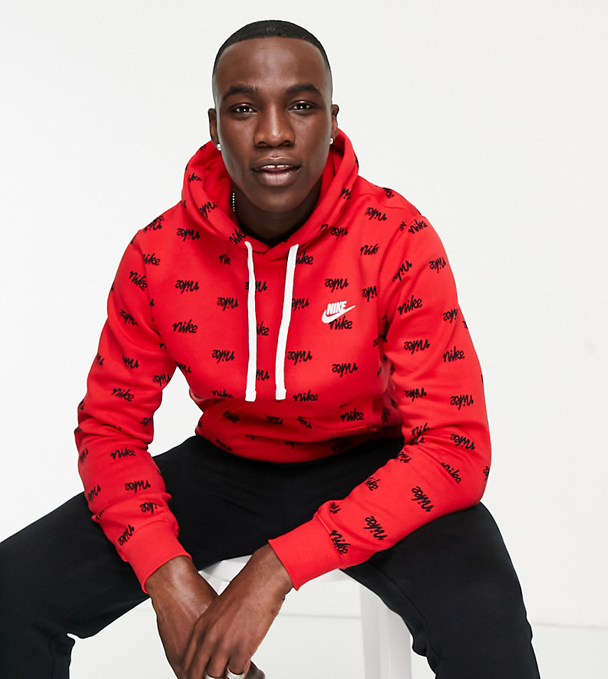 Nike Tall Club all over script logo hoodie in red