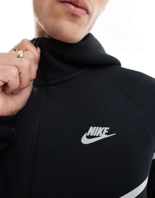 Nike - Tech Fleece - Felpa con cappuccio in pile tecnico nera antivento con zip e dettagli catarinfrangenti, 3 di 4