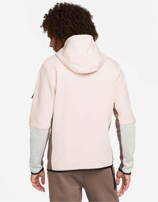 Nike Tech Fleece full-zip color block hoodie in dusty pink/light brown